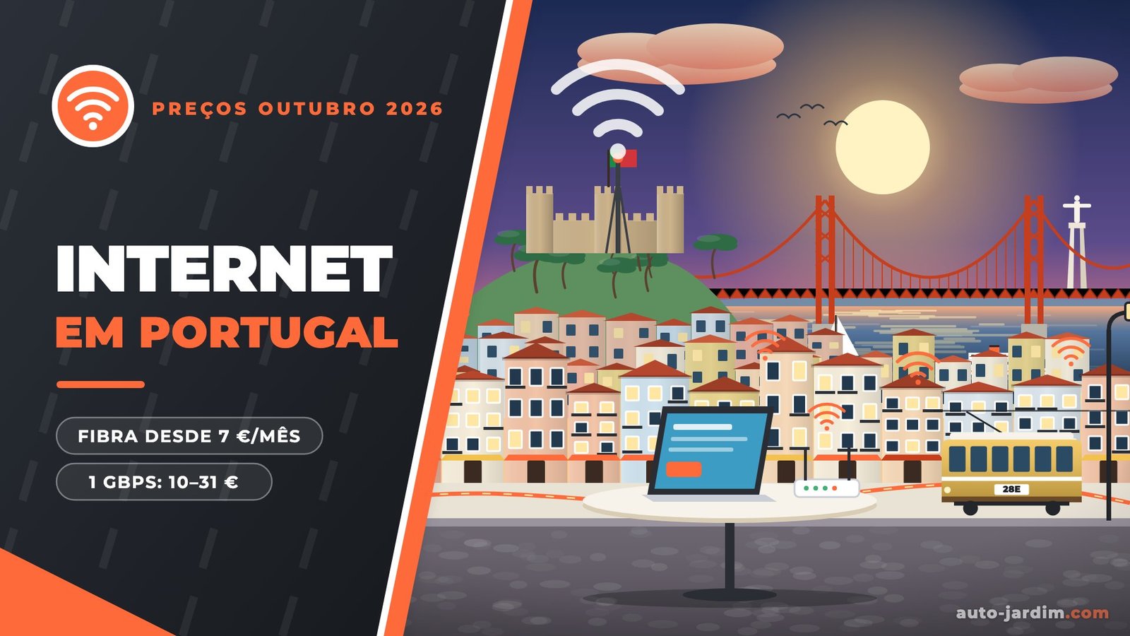 Ilustração dos telhados de Lisboa com a ponte 25 de Abril, um portátil e um router numa mesa de esplanada