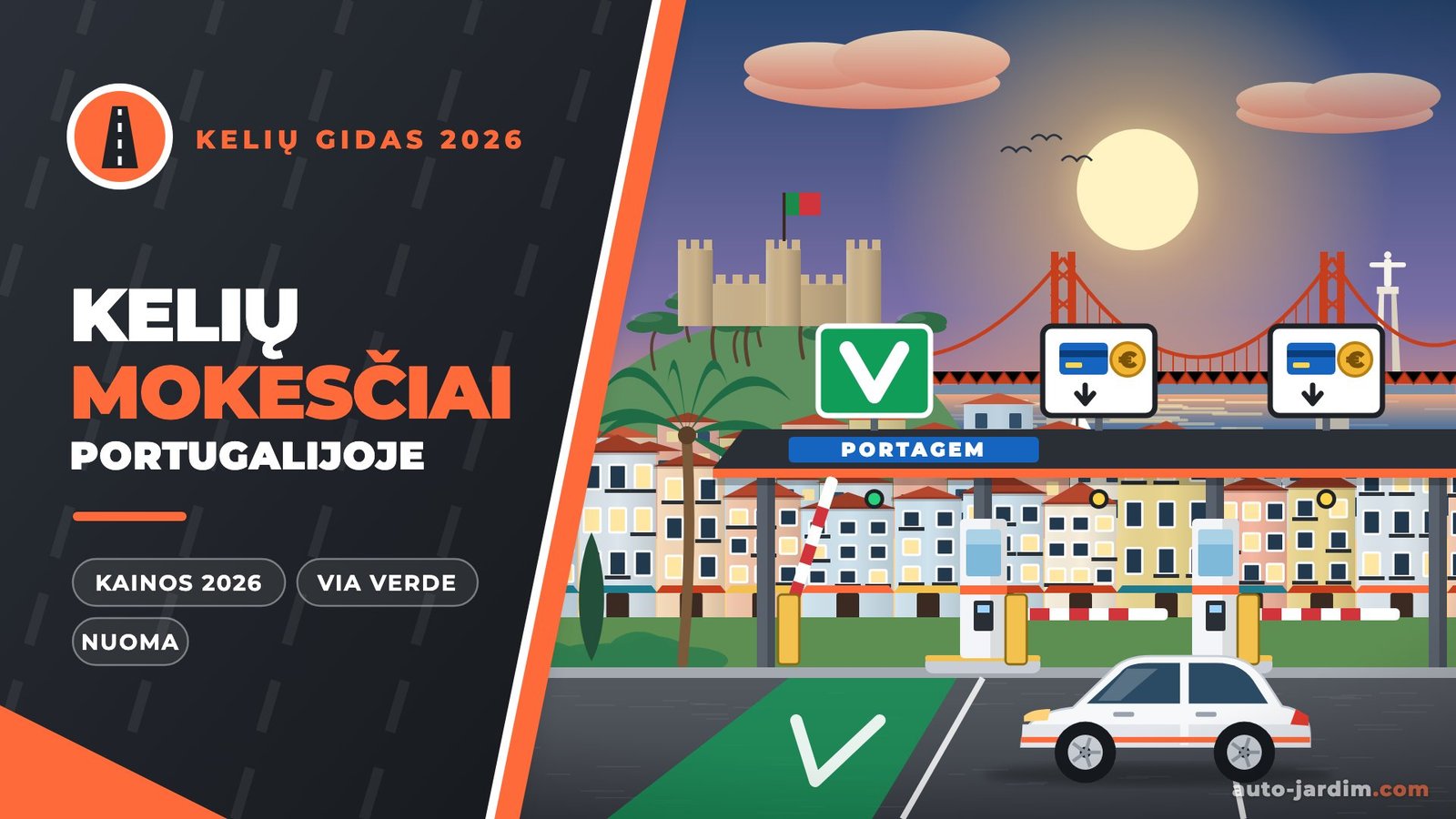 Kelių mokesčiai Portugalijoje: iliustracija su greitkelio mokėjimo punktu, žalia „Via Verde“ juosta, Lisabonos Balandžio 25-osios tiltu ir nuomotu automobiliu