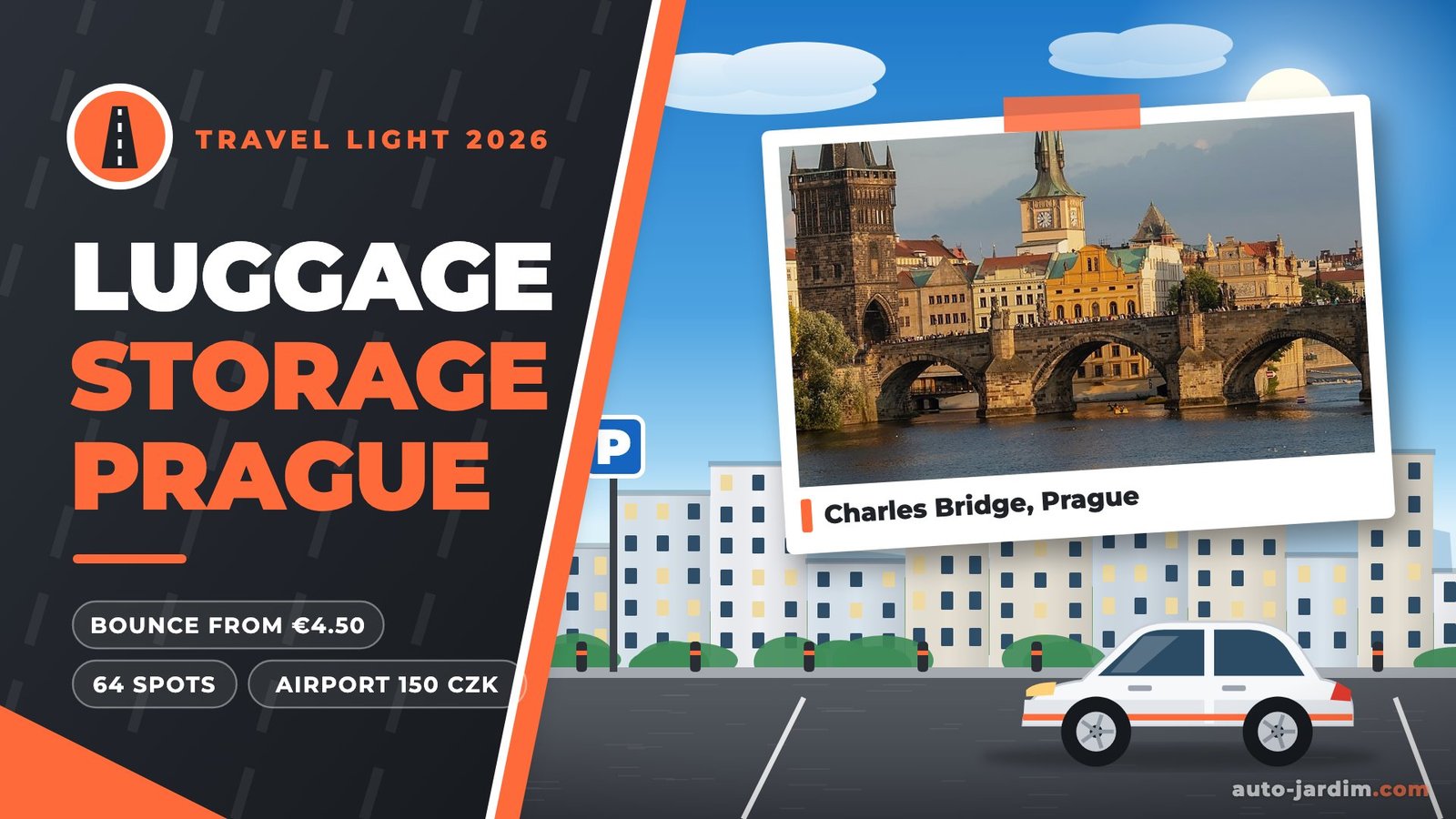 Luggage storage in Prague 2026 – real photo of Charles Bridge and the Old Town Bridge Tower in a drawn frame