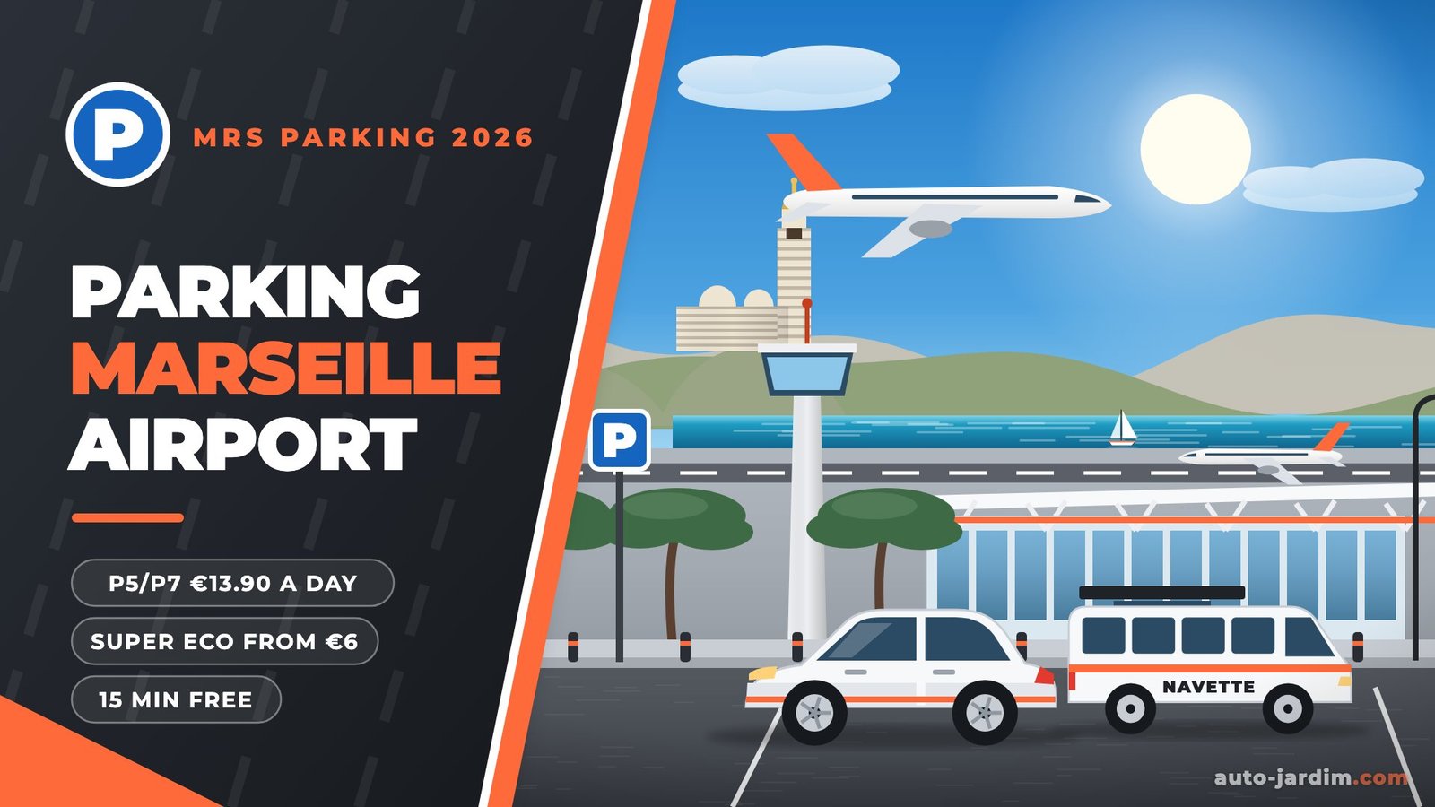 Marseille Provence Airport parking 2026 – terminal, Étang de Berre and Notre-Dame de la Garde illustration