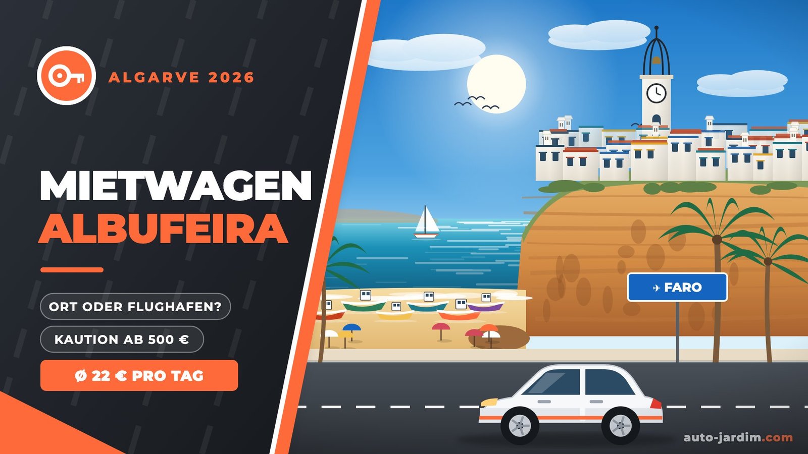 Mietwagen in Albufeira: Illustration der Praia dos Pescadores mit Fischerbooten, Altstadt mit Uhrturm auf der Klippe und weißem Mietwagen