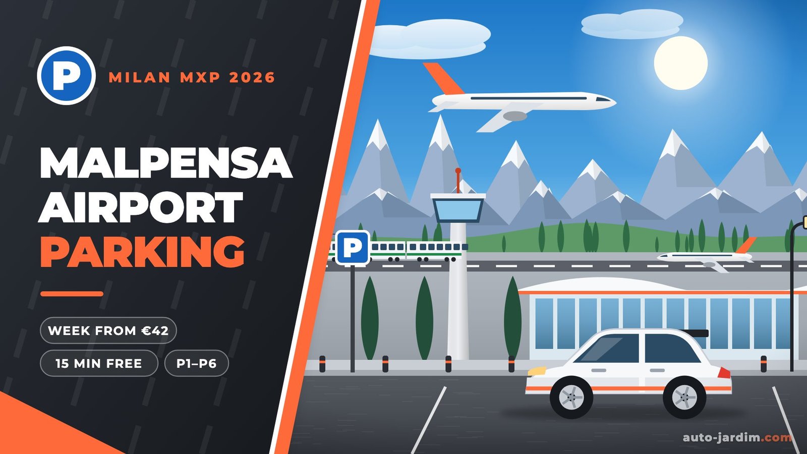 Illustration of Milan Malpensa Airport with control tower, terminal, a departing aircraft and the Alps behind