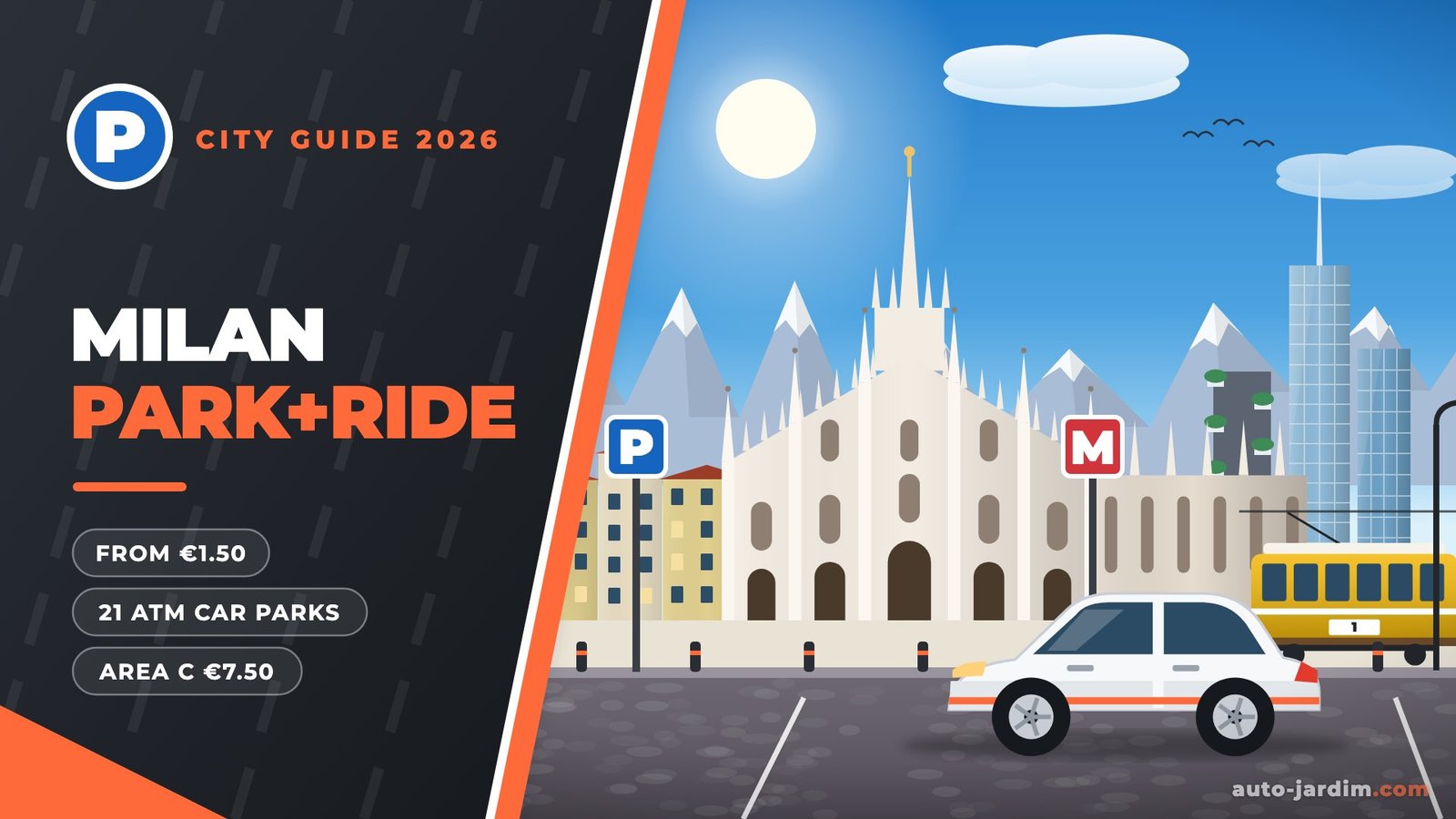 Illustration of Milan with the Duomo, a yellow tram, a red metro sign and the Alps behind