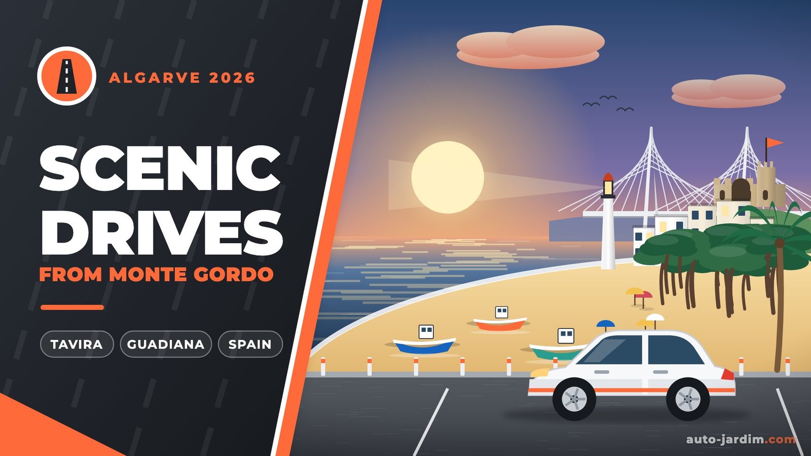 Scenic drives from Monte Gordo – illustration with the beach, the Vila Real de Santo António lighthouse and the Guadiana bridge