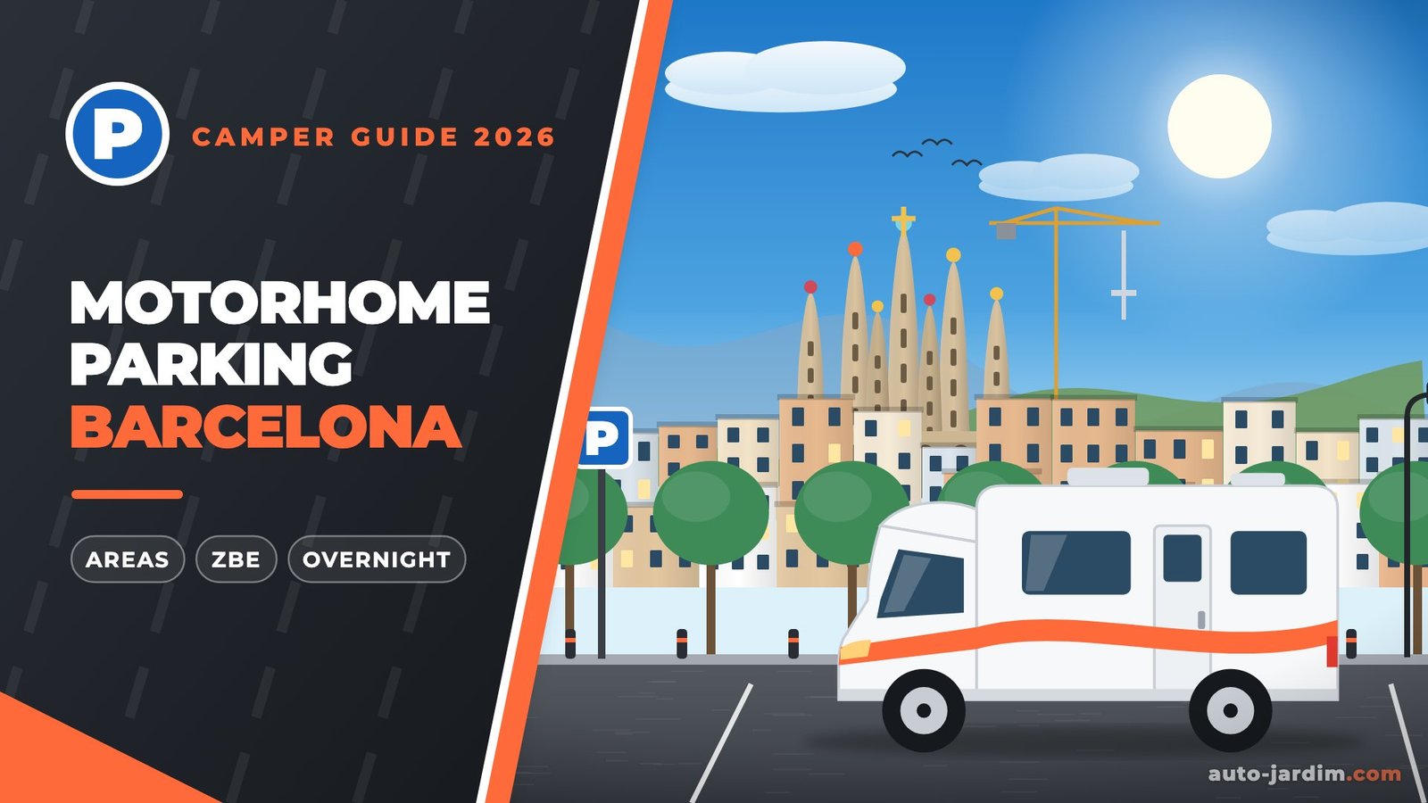 Motorhome parking in Barcelona – illustration of a motorhome with the Sagrada Família behind