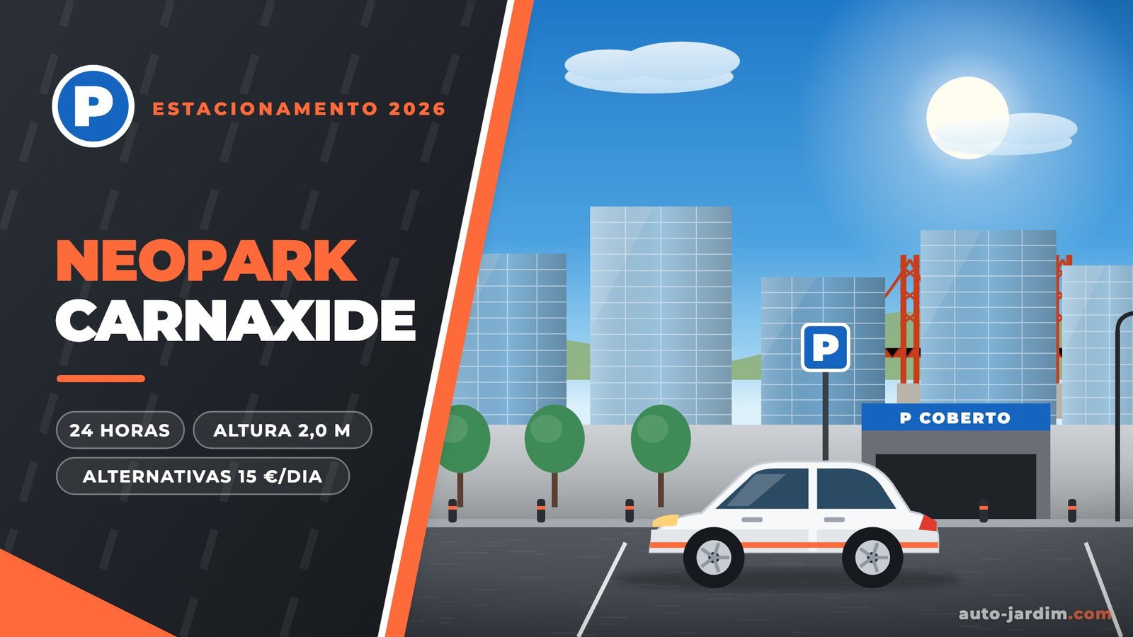 Estacionamento coberto em Carnaxide 2026: escritórios, entrada de parque e ponte 25 de Abril ao fundo