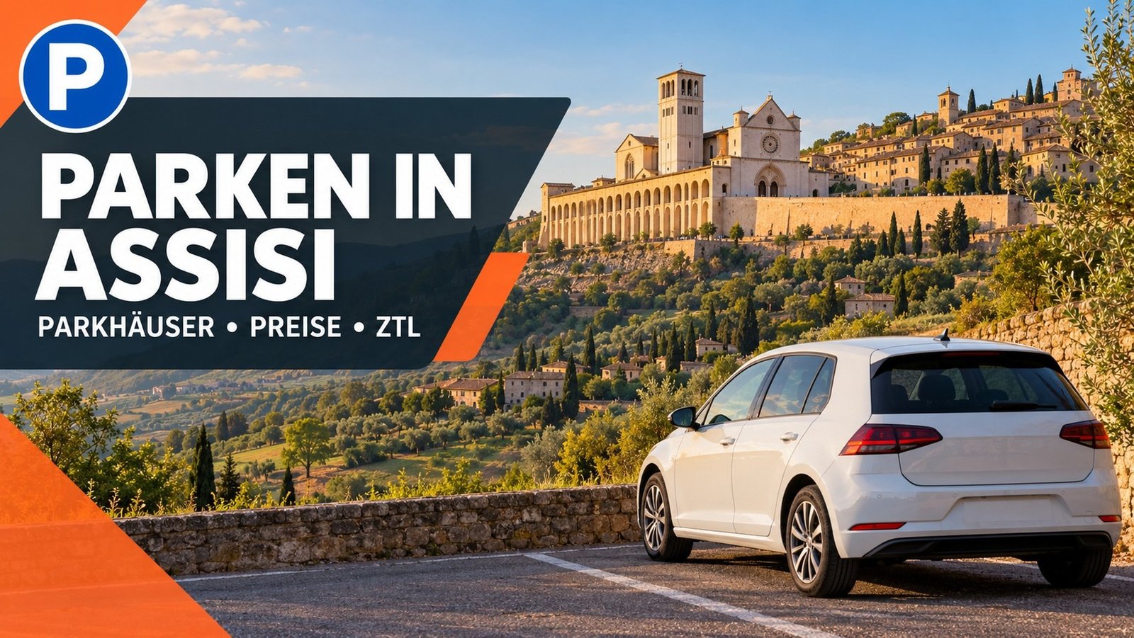 Parken in Assisi: Auto unterhalb der Altstadt mit der Basilika San Francesco