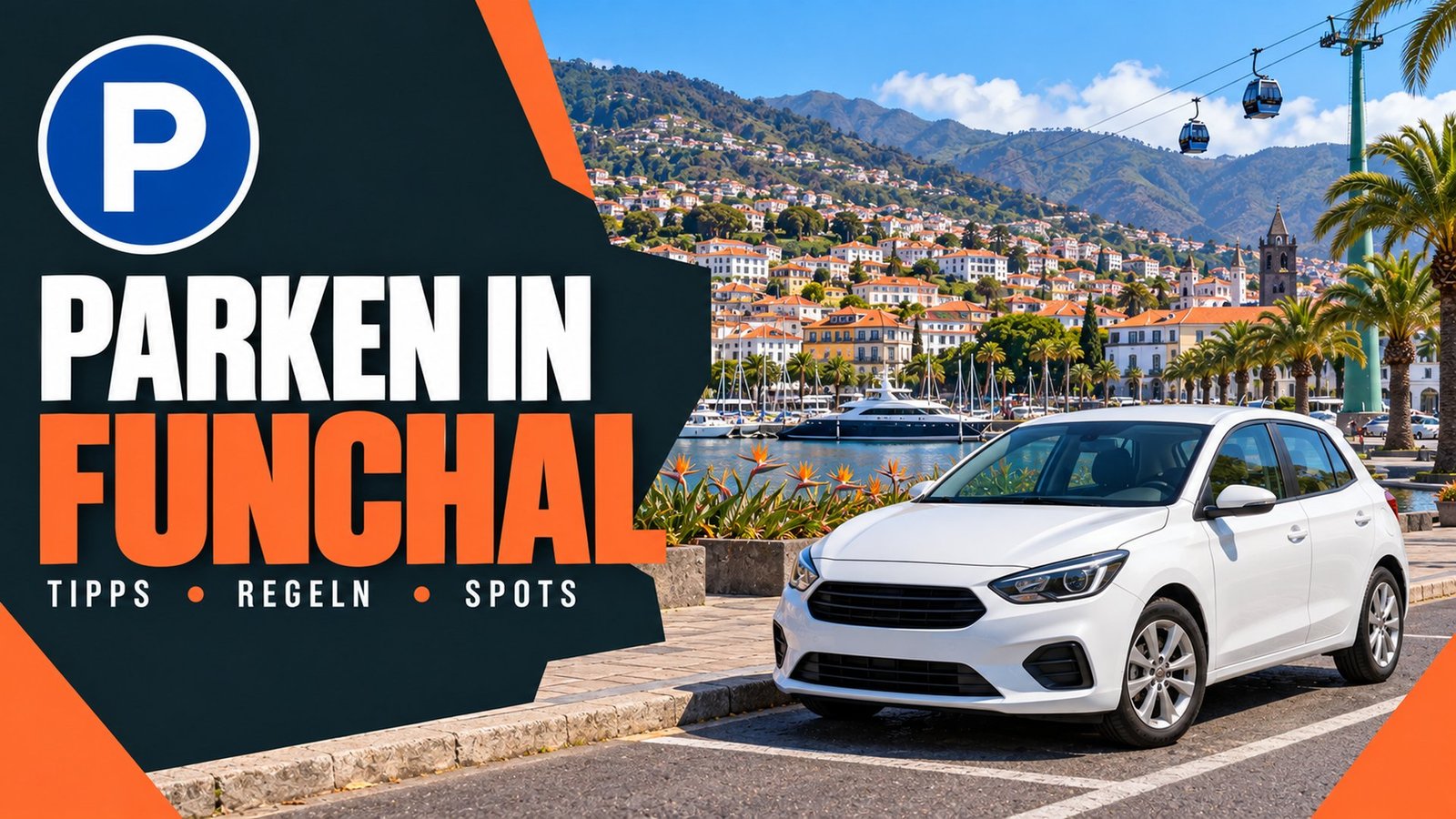 Parken in Funchal – Hafenpromenade mit Seilbahn und einem weißen Mietwagen