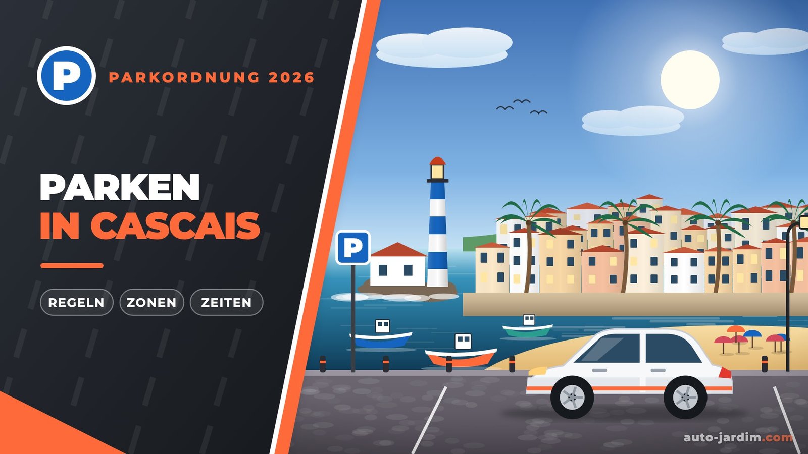 Parken in Cascais – Illustration eines weißen Autos an der Bucht mit dem Leuchtturm Santa Marta