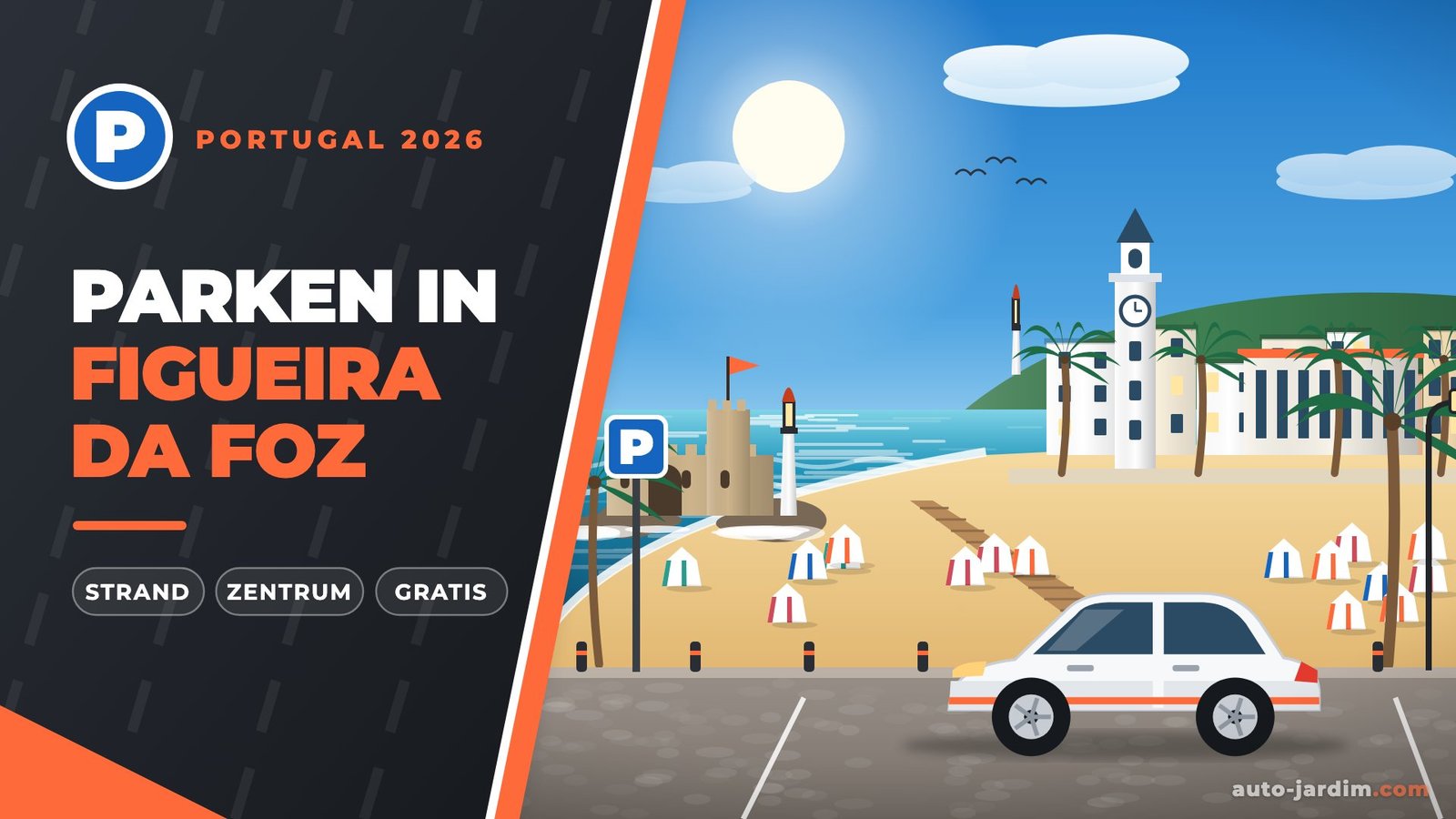 Parken in Figueira da Foz – Illustration mit Strand, Uhrturm und Fort Santa Catarina