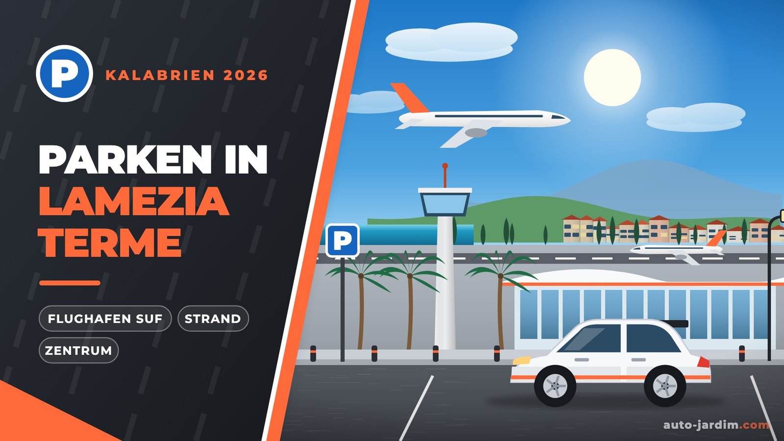 Parken in Lamezia Terme – Illustration mit Flughafen-Terminal, Tower und Flugzeug
