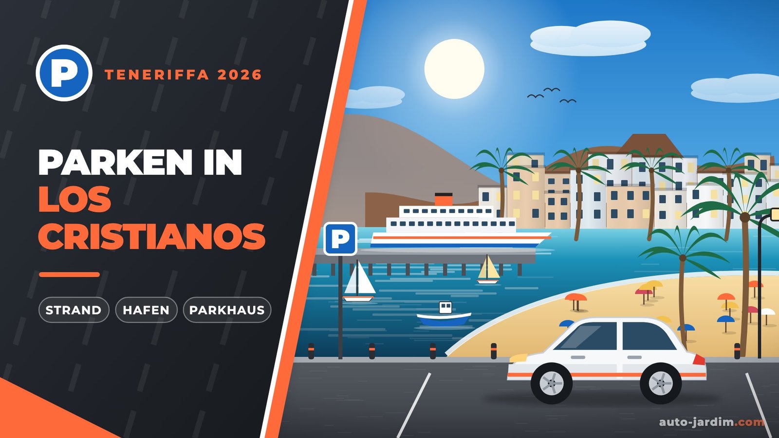 Parken in Los Cristianos – Illustration eines weißen Autos an Strand und Hafen mit Fähre