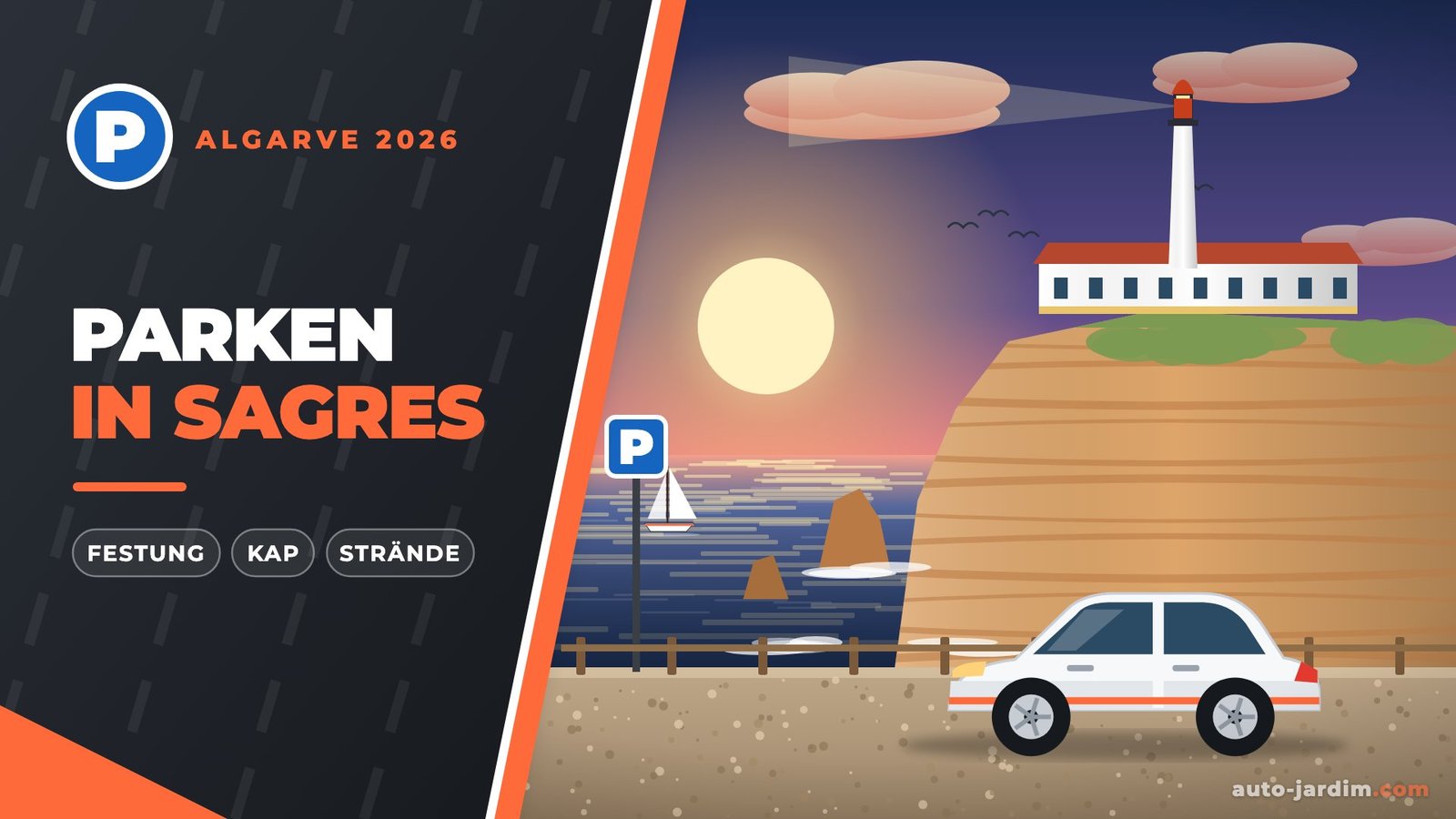 Parken in Sagres – Illustration eines weißen Autos an den Klippen mit dem Leuchtturm am Cabo de São Vicente