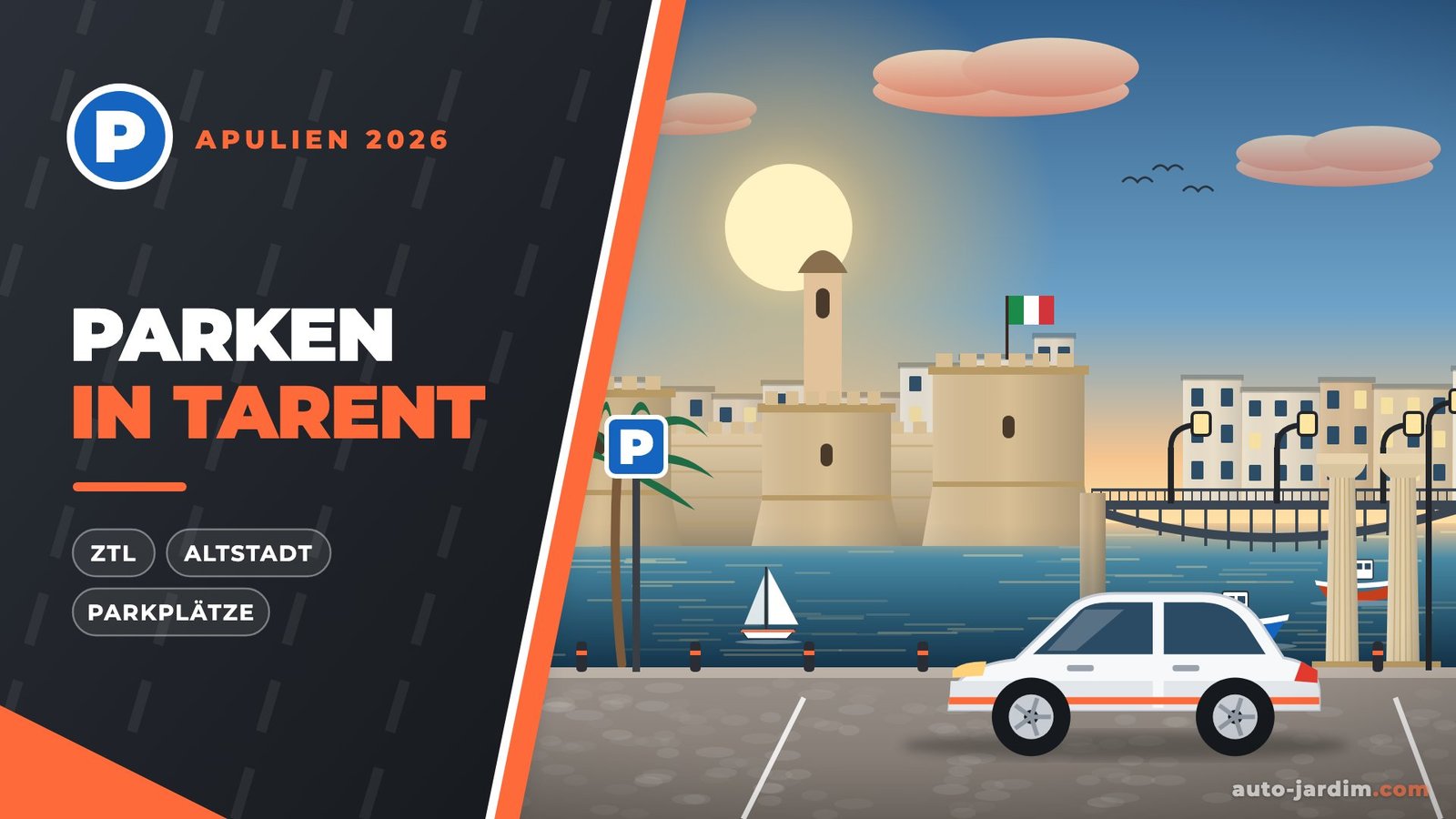Illustration: Castello Aragonese und Drehbrücke Ponte Girevole in Tarent, davor ein geparktes Auto