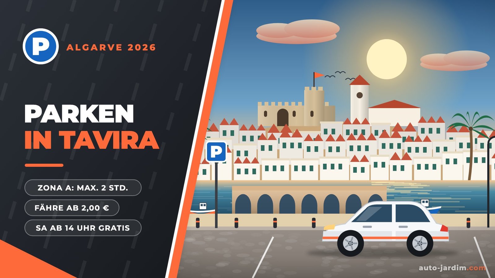 Illustration von Tavira mit der römischen Brücke über den Gilão, weißen Häusern mit Walmdächern, der Burg und einem geparkten Auto