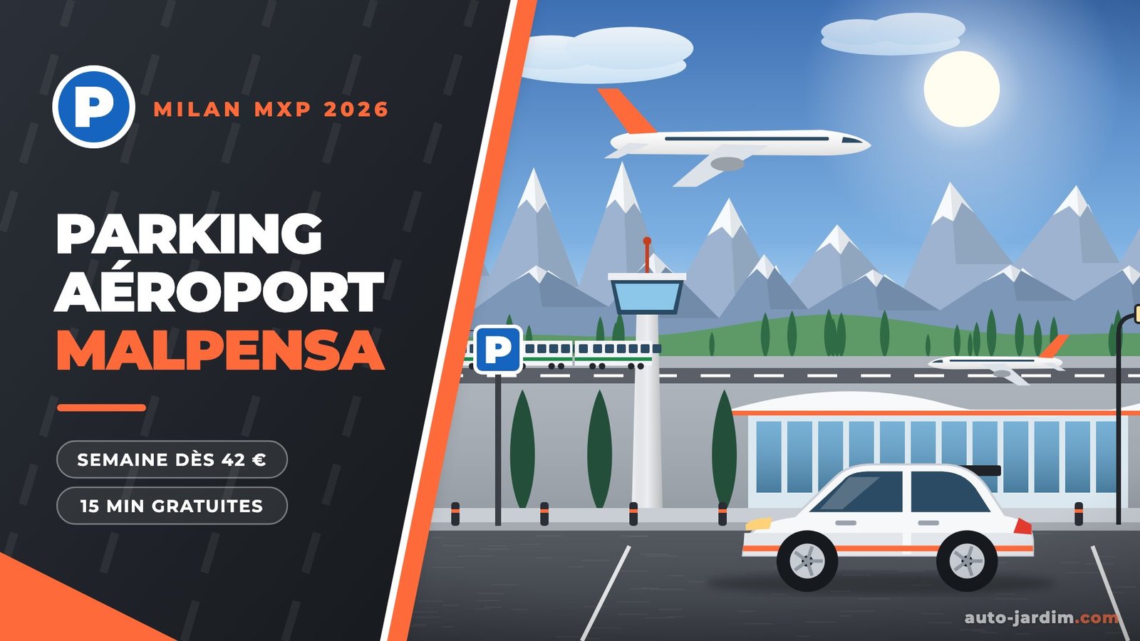 Illustration de l'aéroport de Milan Malpensa avec la tour de contrôle, le terminal, un avion au décollage et les Alpes