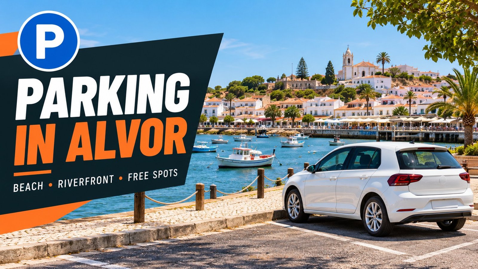 Parking in Alvor: white car parked by the riverside of the Ria de Alvor