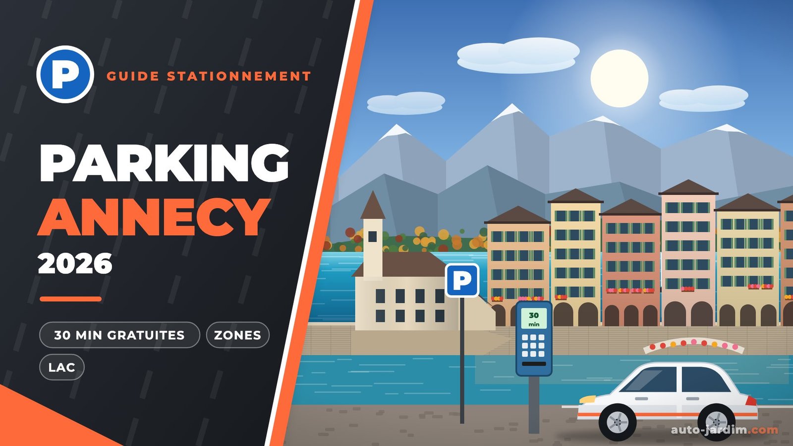 Illustration : parking à Annecy, vieille ville sur le Thiou, Palais de l’Île et lac avec les Alpes
