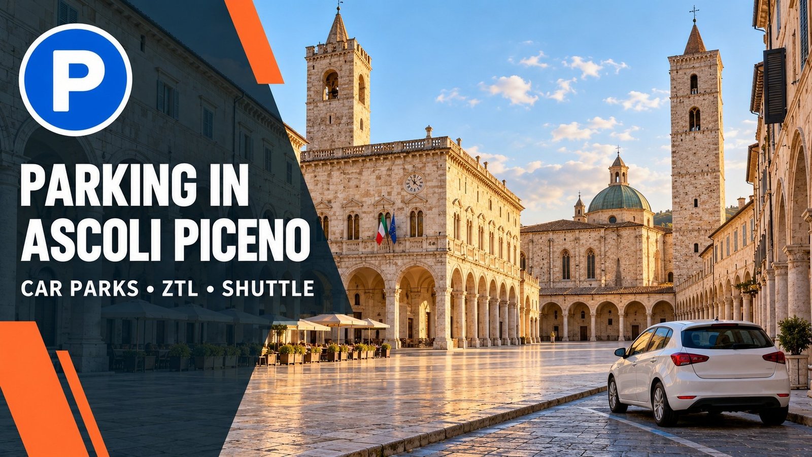Parking in Ascoli Piceno: car parked at the edge of the travertine old town