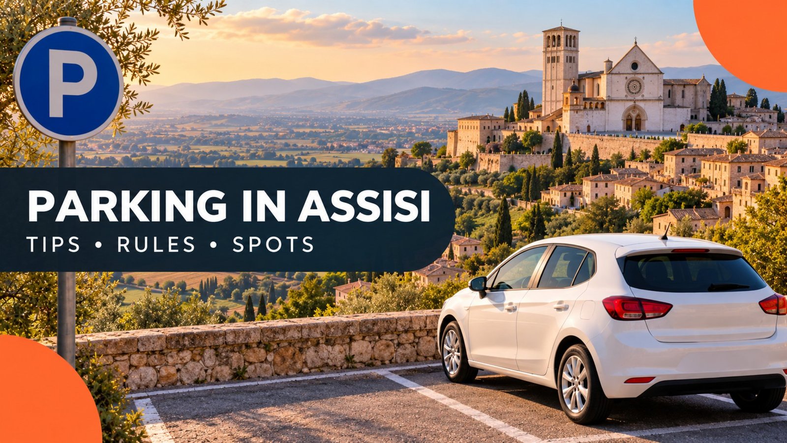 Parking in Assisi – white car at a car park below the Basilica of St Francis