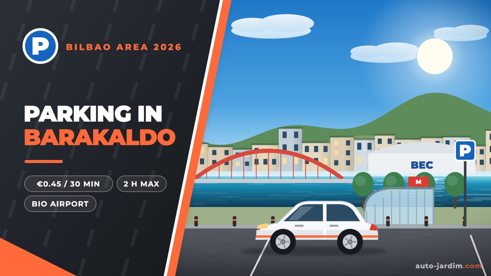 Parking in Barakaldo 2026 – illustration of the Nervión estuary with an arch bridge, the BEC exhibition centre and a Metro Bilbao glass entrance