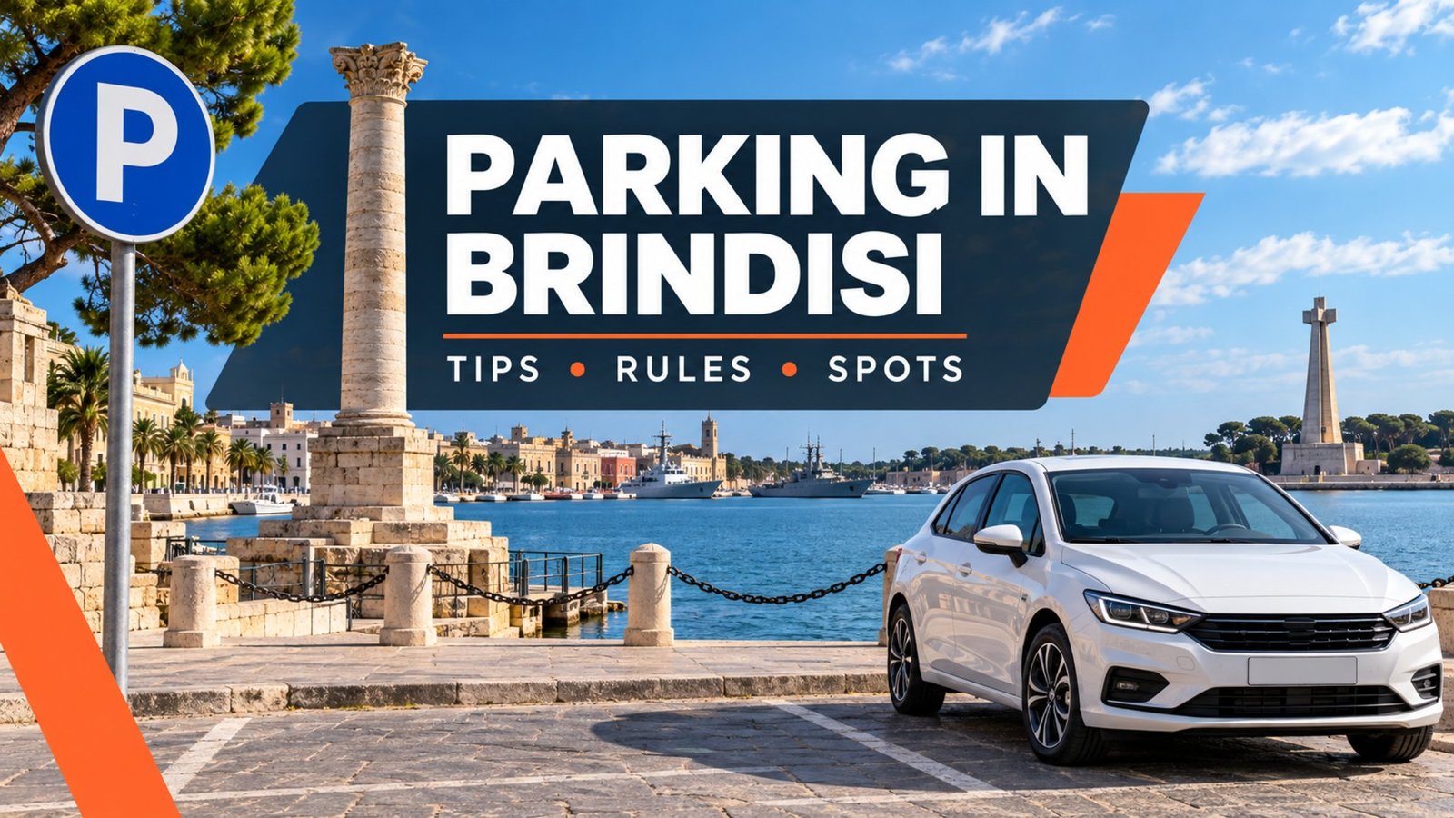 Parking in Brindisi – seafront with the Roman column and the harbour