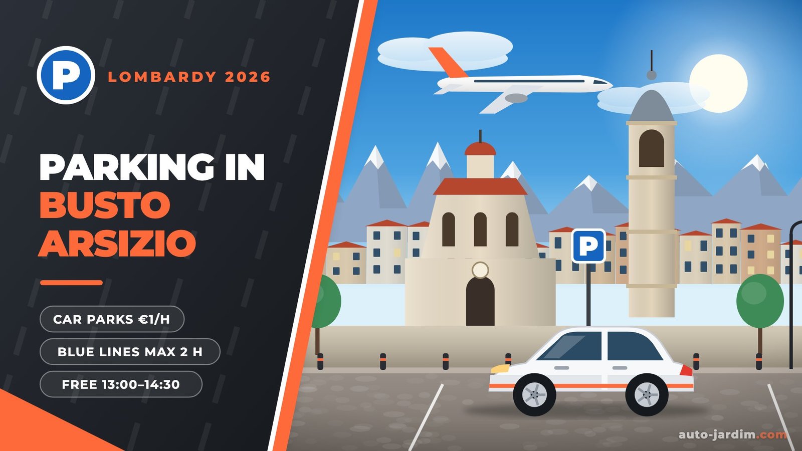 Parking in Busto Arsizio 2026: Santa Maria di Piazza, bell tower and Alps view