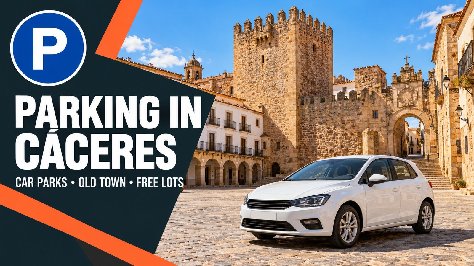 Parking in Cáceres: white car on Plaza Mayor below the Torre de Bujaco