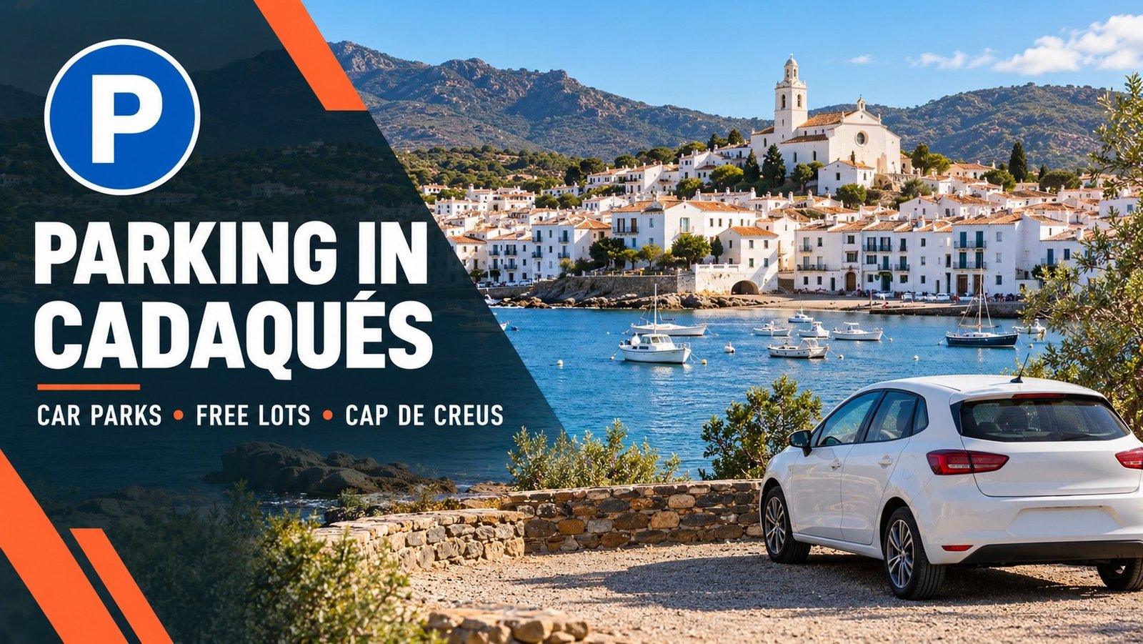 Parking in Cadaqués: car parked above the bay with the whitewashed village and church