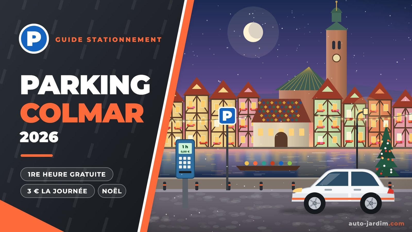 Parking à Colmar : illustration de la Petite Venise un soir de décembre, maisons à colombages illuminées au bord de la Lauch, Koïfhus au toit de tuiles vernissées, tour de la collégiale Saint-Martin, sapin de Noël, panneau P et horodateur