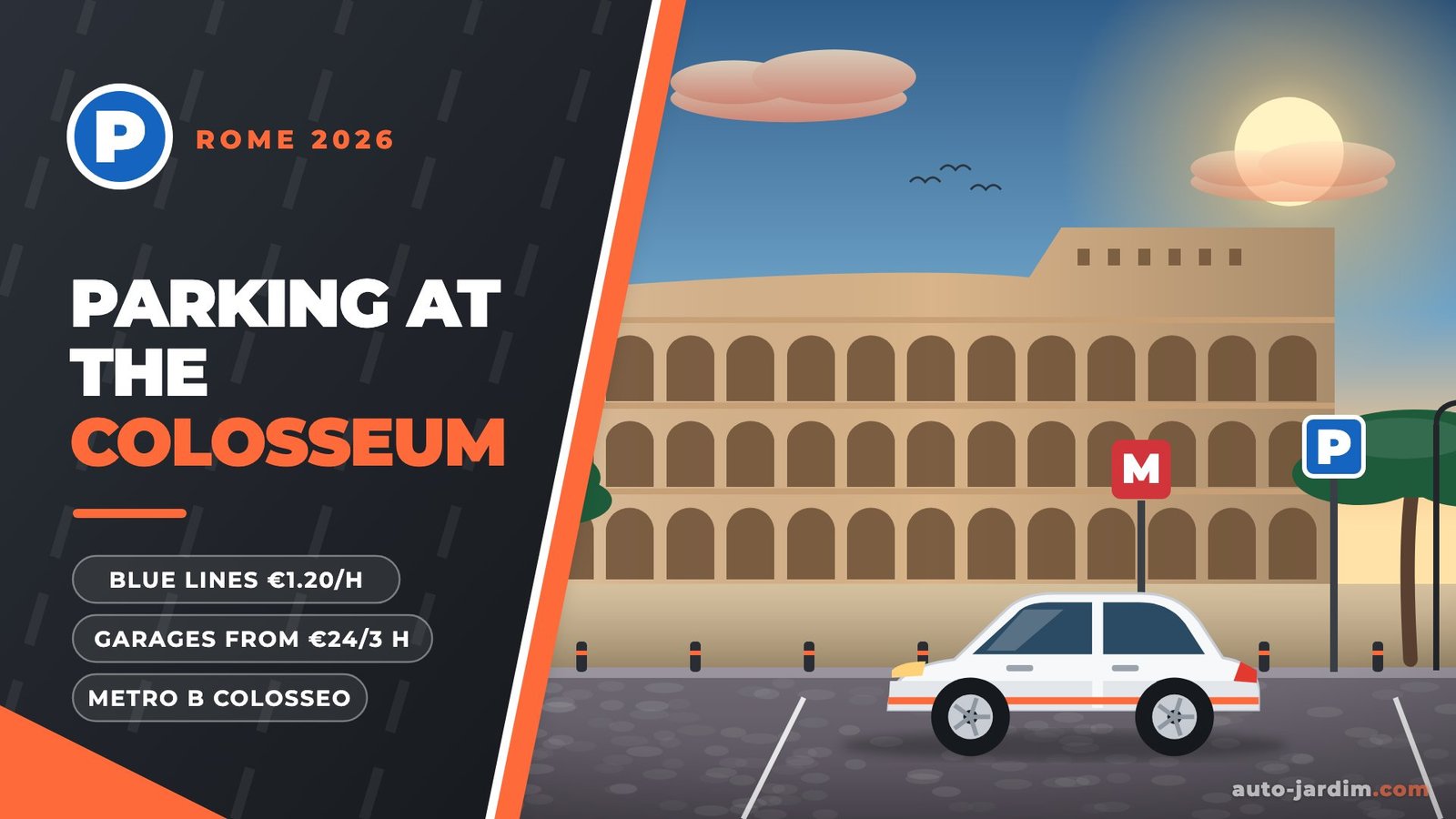 Parking near the Colosseum, Rome 2026 – Colosseum, umbrella pines and metro sign illustration