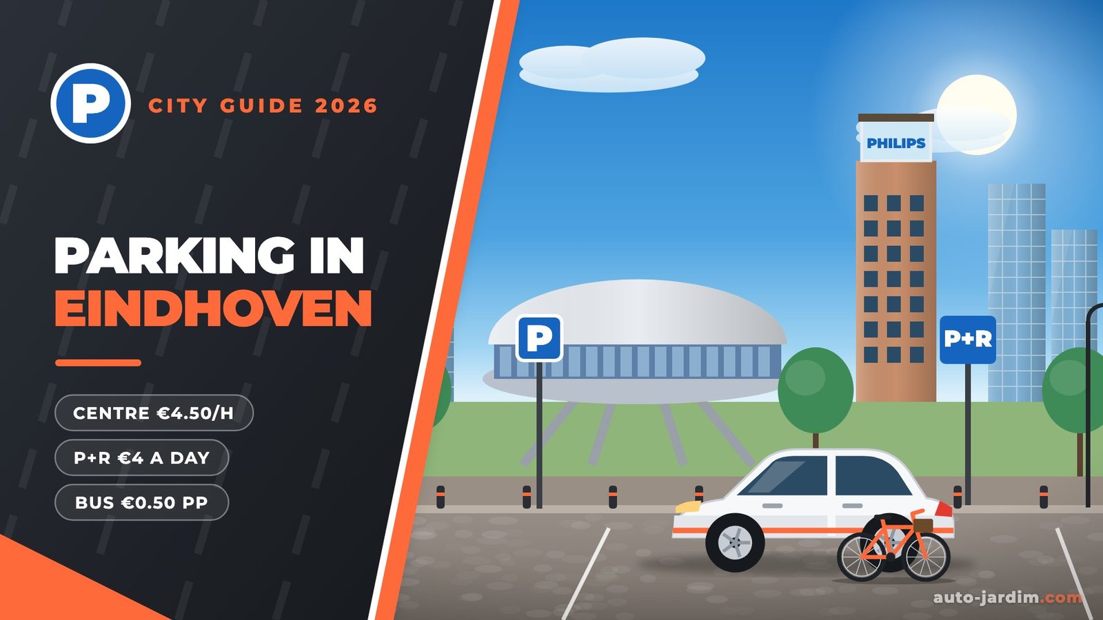 Parking in Eindhoven 2026 – Evoluon, Philips light tower and P+R sign illustration
