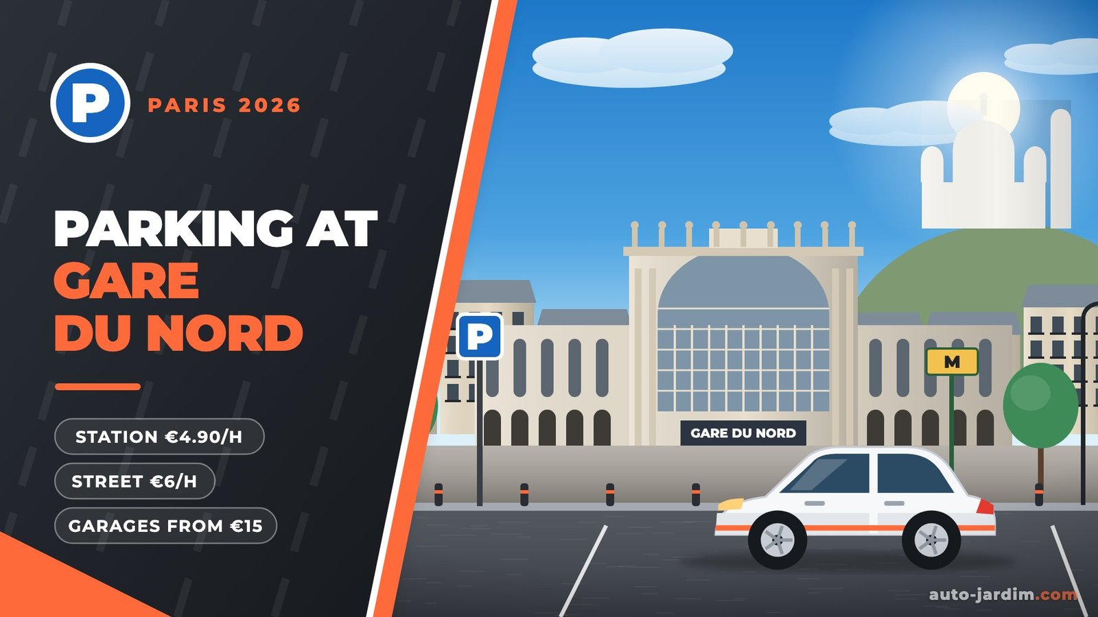 Illustration of the Gare du Nord facade in Paris with Sacré-Cœur on the hill behind and a parked car