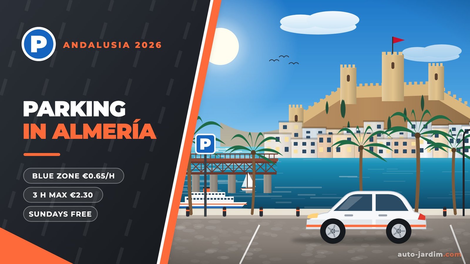 Illustration of the Alcazaba of Almería above the old town with the Cable Inglés pier and a parked car