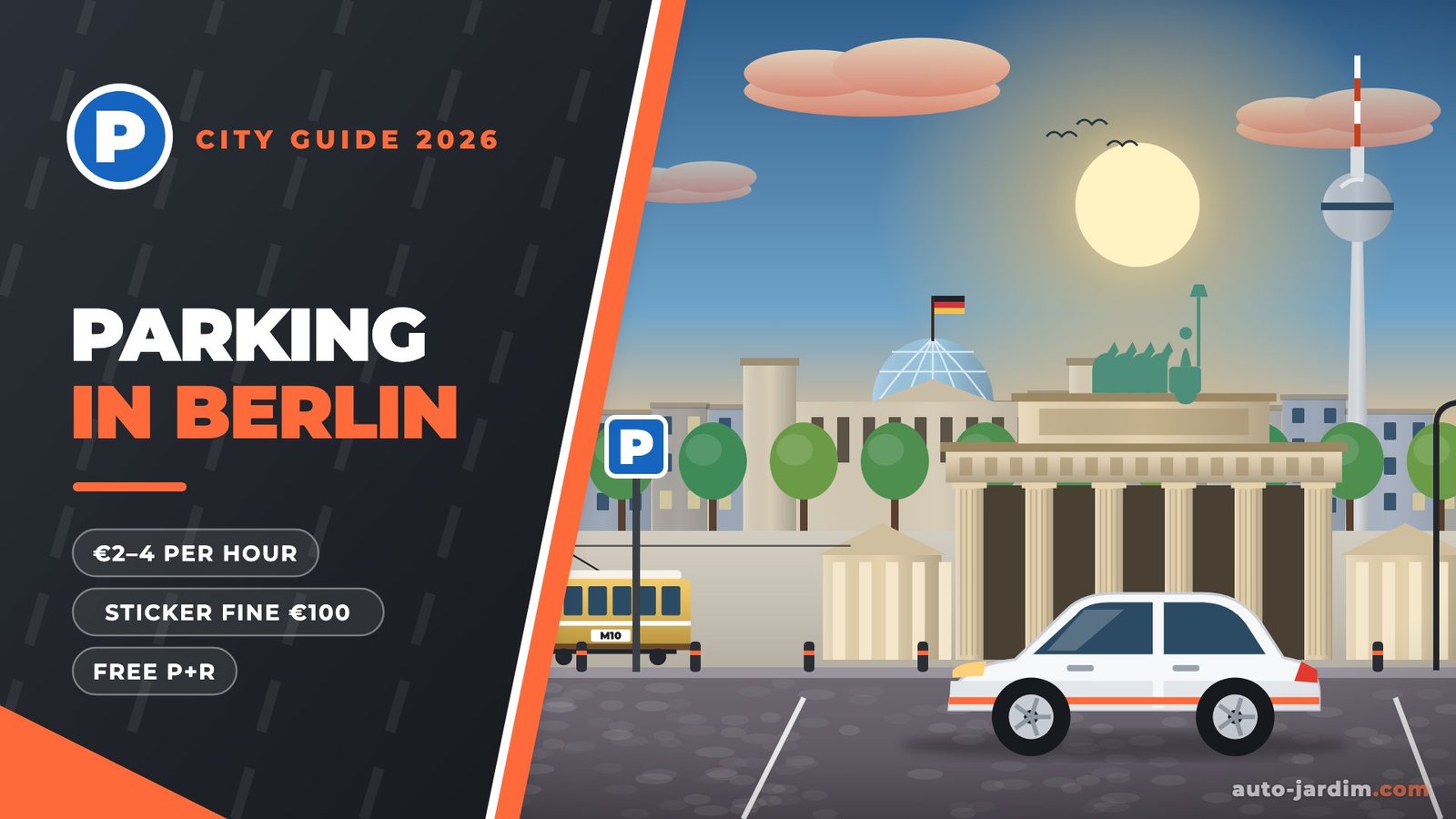 Illustration of the Brandenburg Gate, the Reichstag dome and the TV Tower in Berlin with a parked car