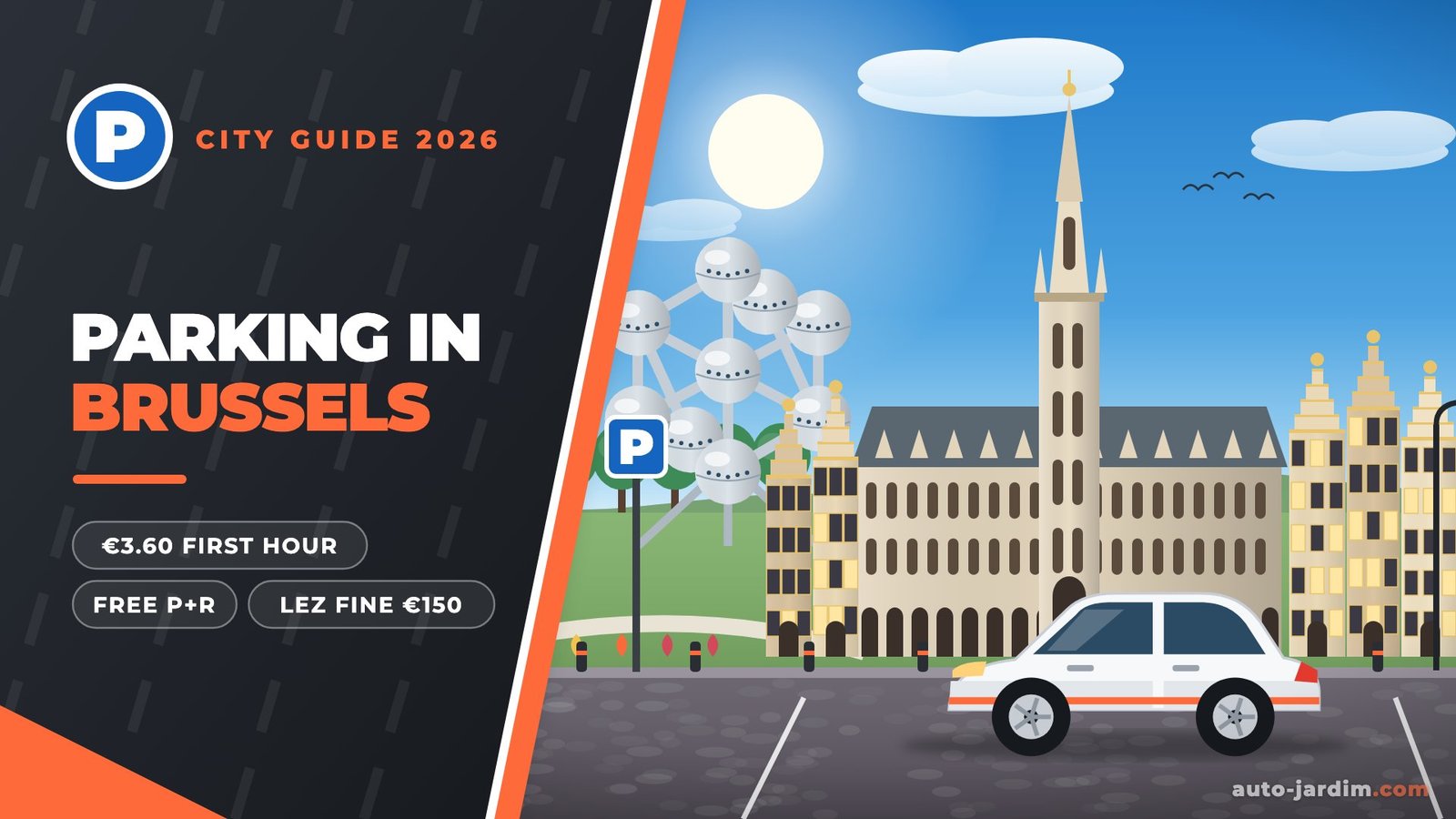 Illustration of Brussels Town Hall on the Grand-Place and the Atomium with a parked car