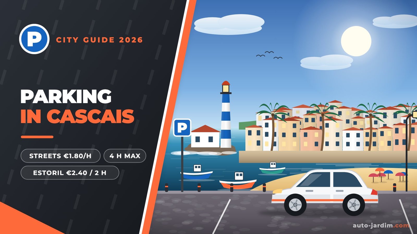 Illustration of Cascais bay with the Santa Marta lighthouse, fishing boats, the beach and a parked car