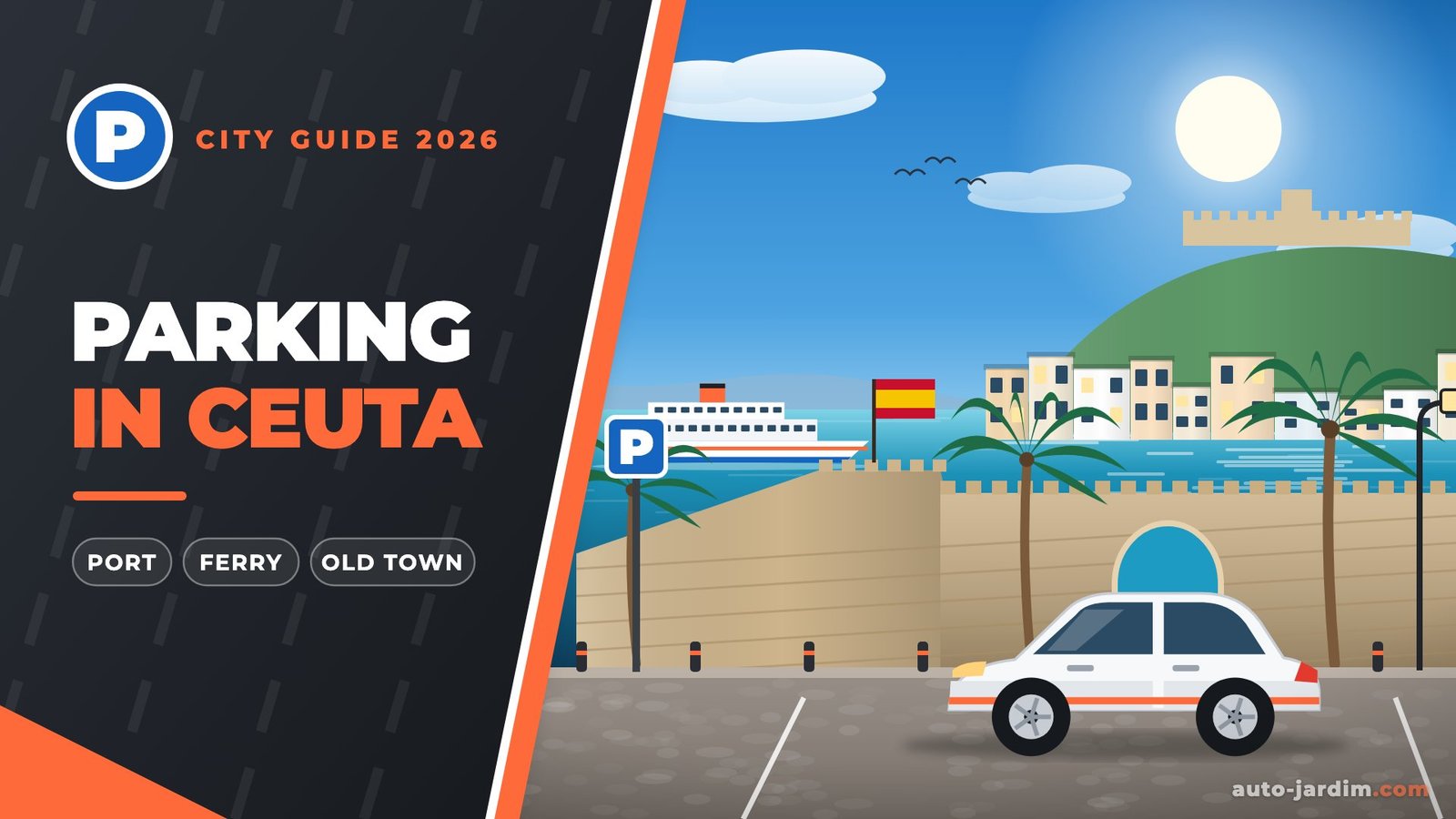 Parking in Ceuta – illustration of the Royal Walls, the port and a parked car