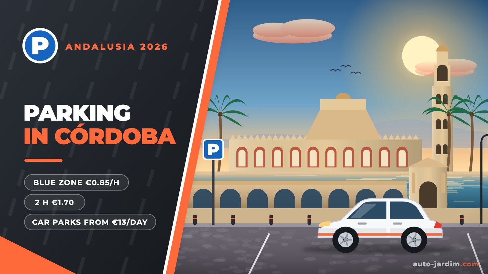 Illustration of the Mezquita of Córdoba with its bell tower, the Roman bridge over the Guadalquivir and a parked car