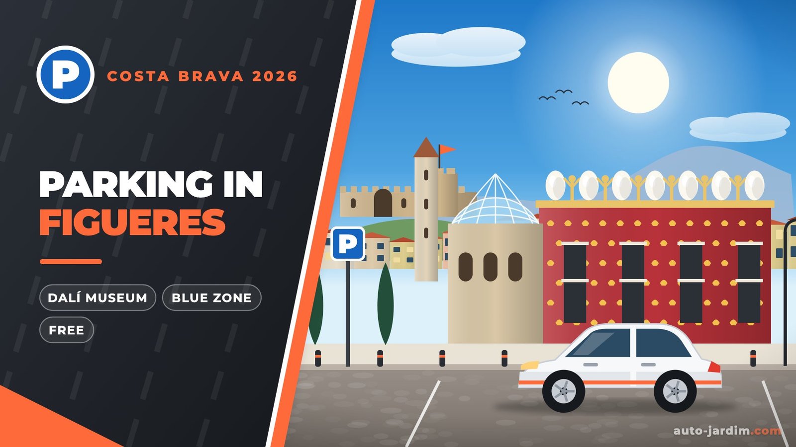Parking in Figueres – illustration with the Dalí Theatre-Museum, its egg-topped red tower and glass dome