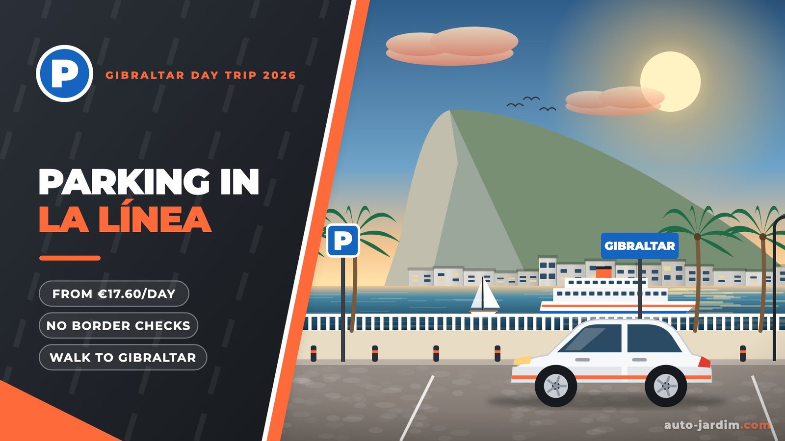 Illustration of the Rock of Gibraltar seen across the bay from the La Línea promenade, with palms, a ferry and a parked car
