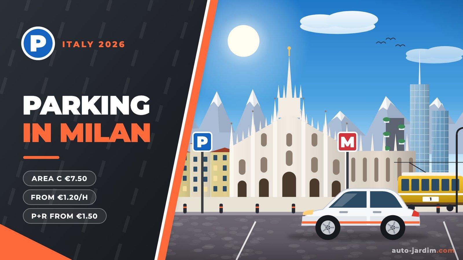 Illustration of Milan Cathedral with the Alps behind, the Porta Nuova towers, a yellow tram, a metro sign and a parked car