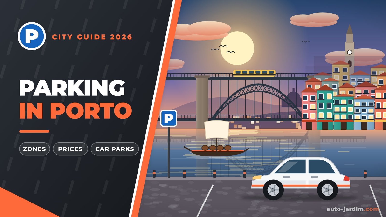 Parking in Porto – illustration of a white car on the Ribeira quay with the Dom Luís I bridge