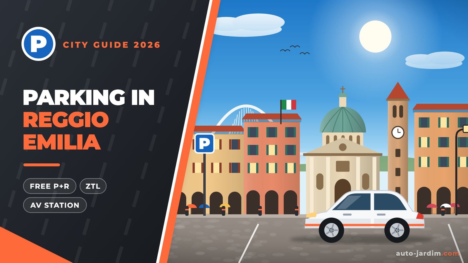 Parking in Reggio Emilia – illustration of a white car on a piazza with arcades and a domed church