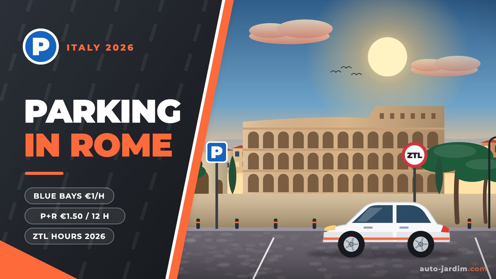 Illustration of the Colosseum and the Arch of Constantine in Rome with umbrella pines, a ZTL sign and a parked car