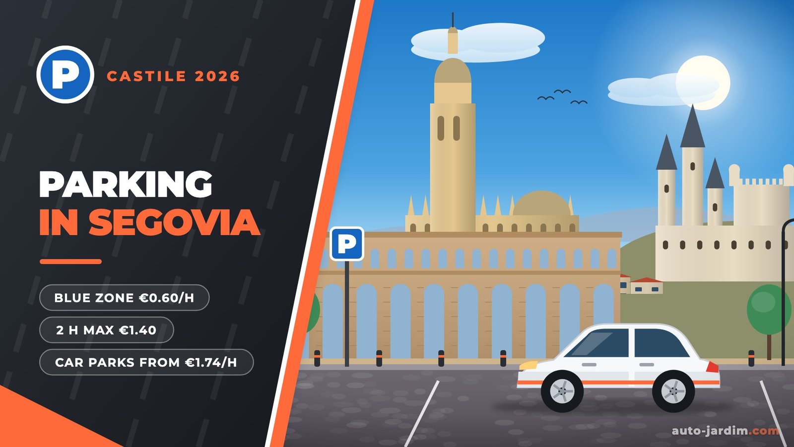 Illustration of the Roman aqueduct of Segovia with the cathedral tower and the Alcázar behind and a parked car