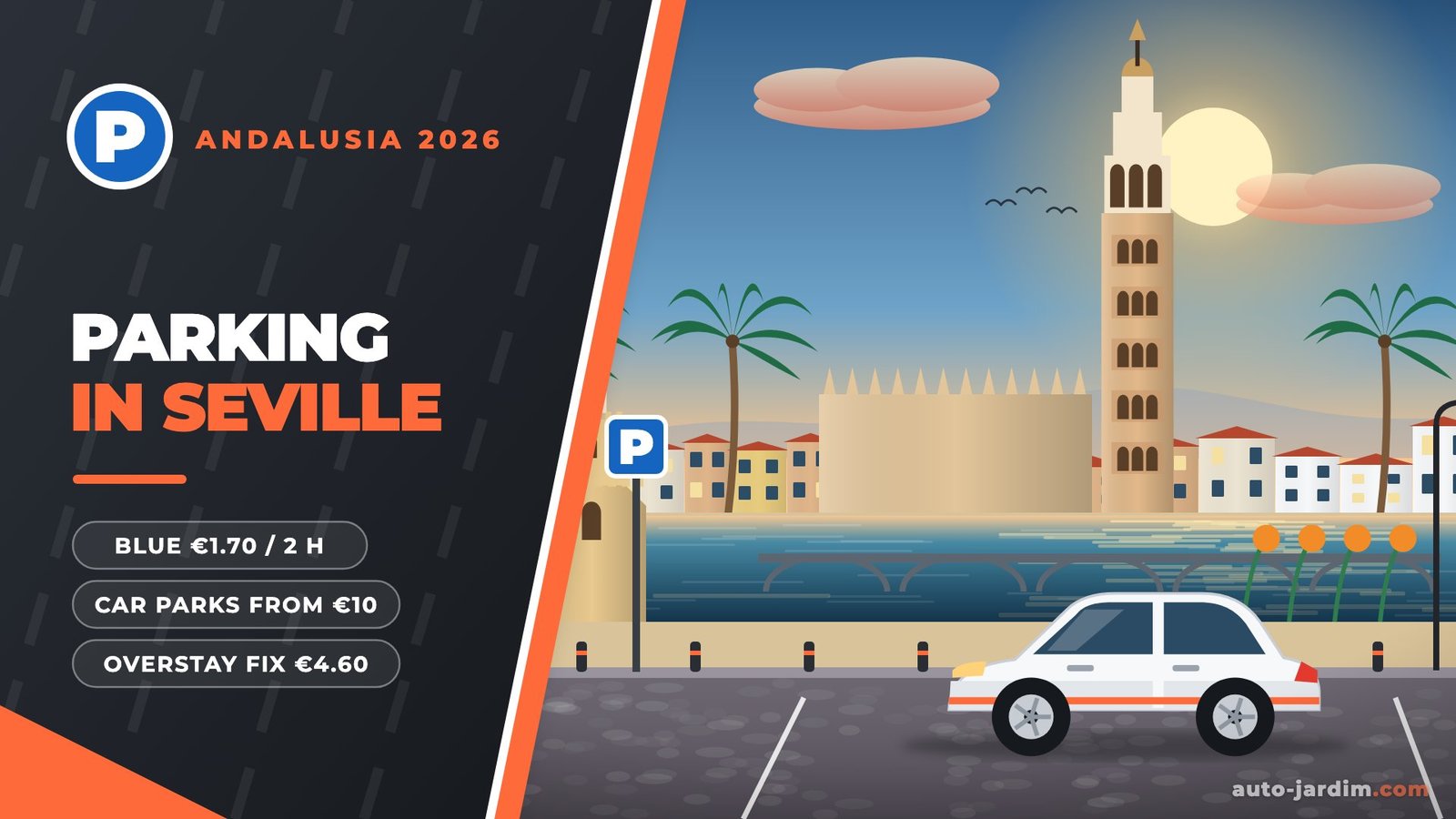 Illustration of the Giralda, Seville Cathedral and the Torre del Oro on the Guadalquivir with orange trees and a parked car