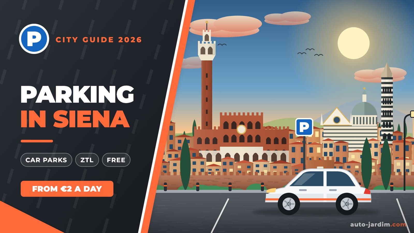 Parking in Siena: illustration of the Torre del Mangia, Palazzo Pubblico and the Duomo with a parked car