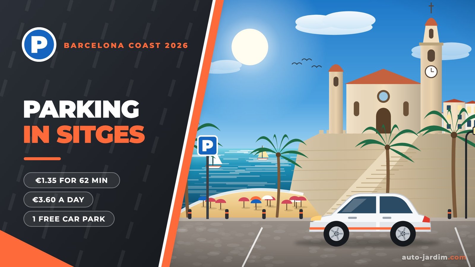 Illustration of the church of Sant Bartomeu i Santa Tecla above the beach in Sitges with a parked car