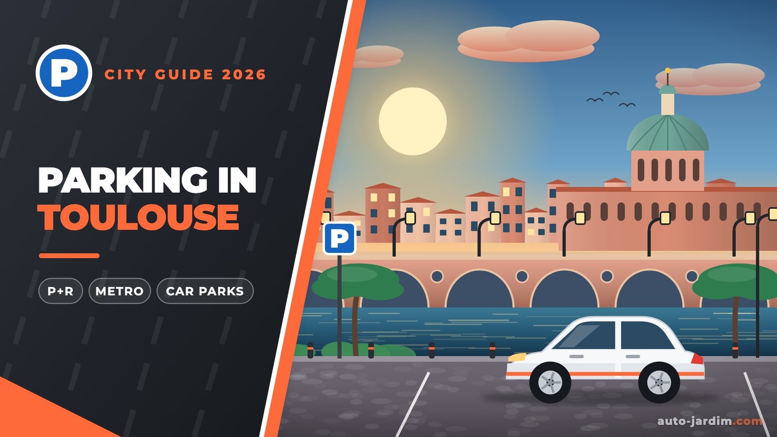 Parking in Toulouse – illustration of the Pont Neuf, the dome of La Grave and a parked car